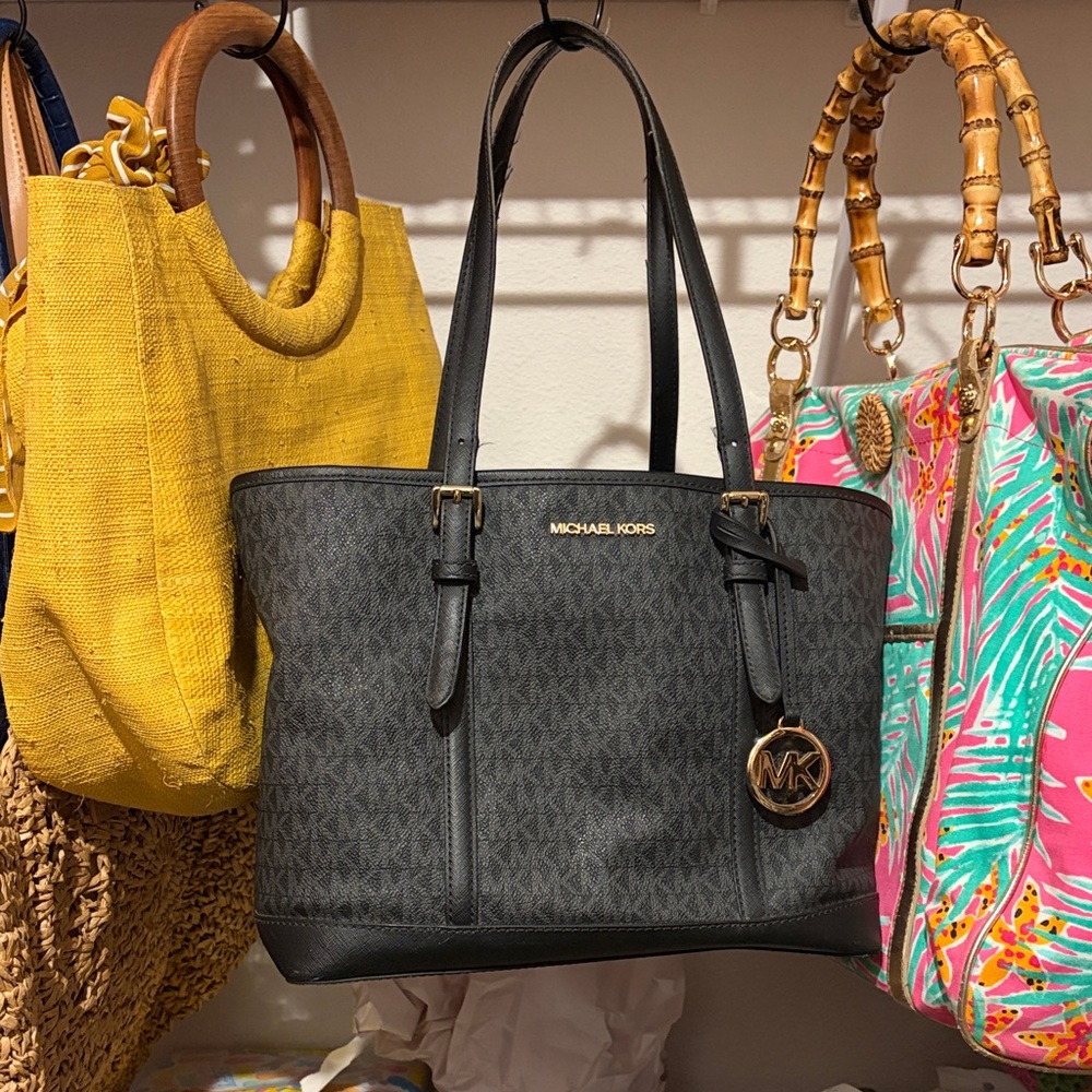 Michael Kors Black Signature MK Logo Tote with Gold Hardware